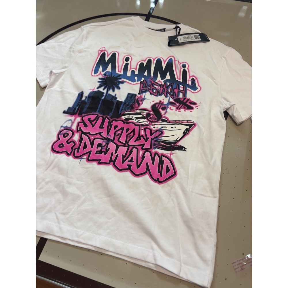 Supply & Demand Mens Miami Beach Graphic Tee White Pink Blue SUM17363 New Small